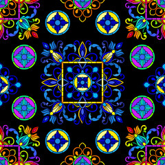 Seamless pattern with abstract patterns and flowers on a black background