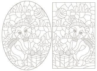 Set of illustrations with cute cartoon bears, dark outlines on a white background