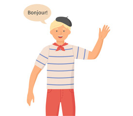 Different nations representatives waving hand. Young nice french man in casual clothes say hello. Character flap his hand friendly isolated on white. Guy waving hand saying hi, makes greeting gesture