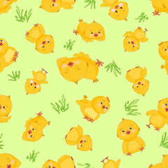 Vector seamless pattern with cute yellow chickens, young green grass.