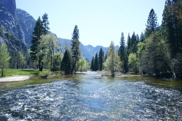 Yosemite national reserve in spring, beautiful nature rivers, mountains, forest.