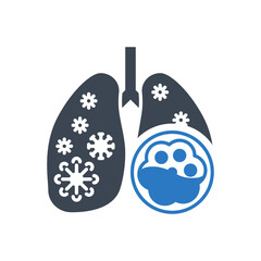 Naklejka premium Pneumonia related vector glyph icon. Lungs with alveoli and coronavirus. Pneumonia sign. Isolated on white background. Editable vector illustration