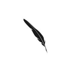 Black curved feather silhouette. Flat vector icon isolated on white. Writing symbol. Quill sign. Creativity sign. Creative idea symbol.