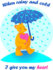 Orange teddy bear walks in the rain of blue hearts and carries a large crimson heart in his paws. The picture has the inscription 