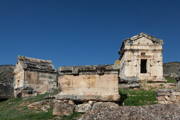 Pamukkale, Denizli, Turkey: April 03 2016: Necropolis of Hierapolis, Turkey (UNESCO World Heritage List, 1988)
