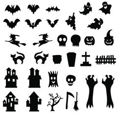 Set of white silhouettes of Halloween on a black background. Vector illustration