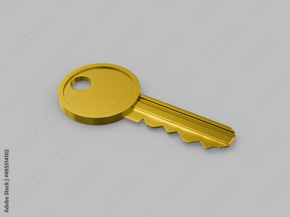 Poster golden one color key on surface on gray flat background. minimalistic design object. 3d rendering ic