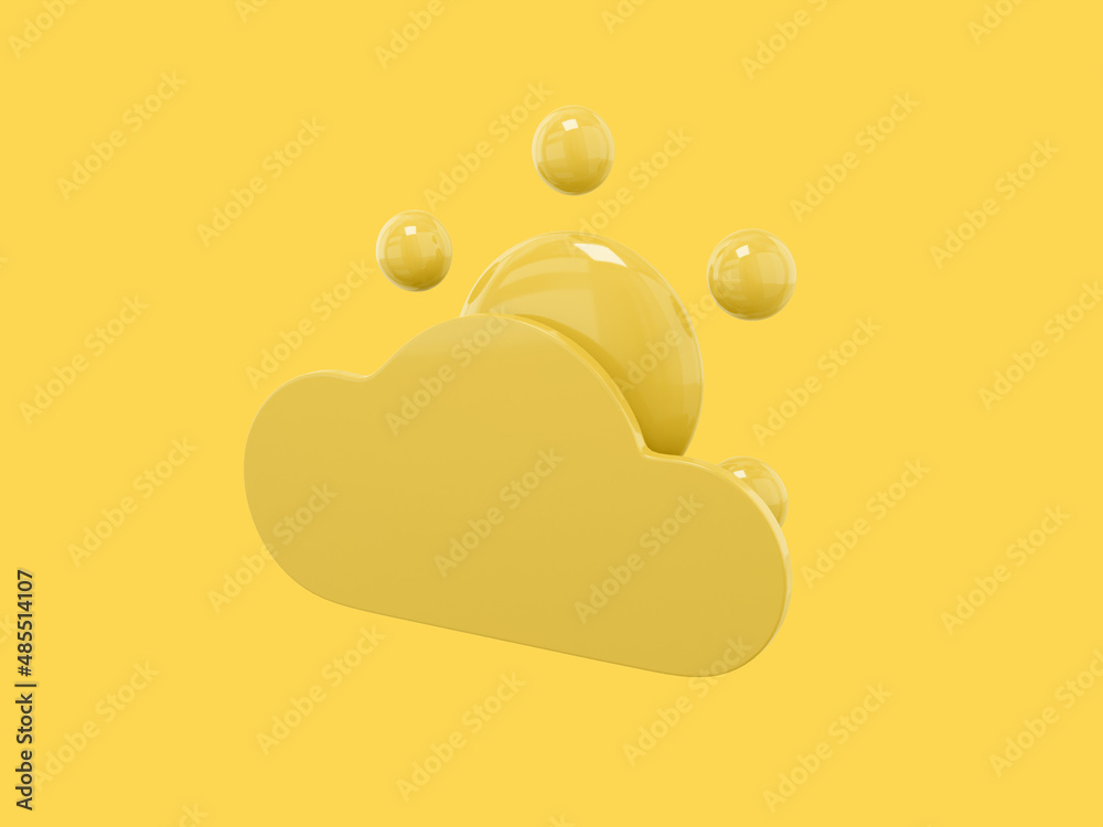 Poster yellow one color cartoon sun behind cloud half view on yellow flat background. minimalistic design o