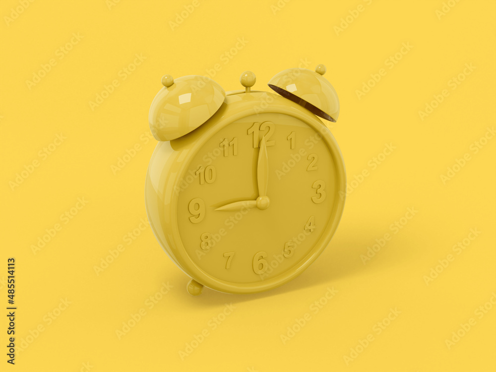 Poster yellow one color alarm clock on a yellow flat background. minimalistic design object. 3d rendering i
