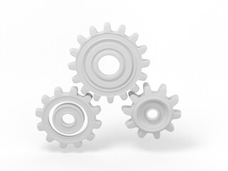White mono color gears on a white solid background. Minimalistic design object. 3d rendering icon ui ux interface element.