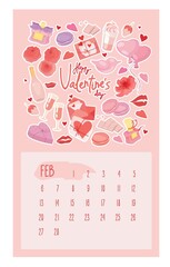 Logo for the design of the february calendar for Valentine's Day. Hand-drawn icons of spring roses, champagne, macaroons, air kisses, pink hearts, love letters. Vector isolated colorful element.