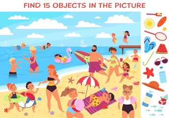 Obraz na płótnie Canvas Kids on beach. Children activity on sunny resort. Puzzle location with hidden objects. Cartoon picture for play with tourism on ocean. Happy vacation decent vector scene