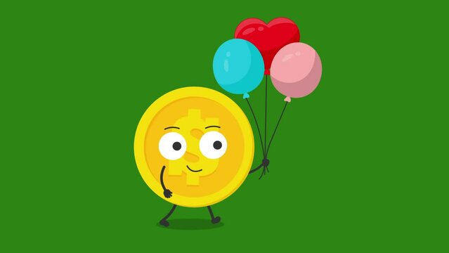 Cute dollar coin Character  with birthday ballons Animation. 4K video motion animation.