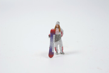a mini figure hold the snowboarding on white board
