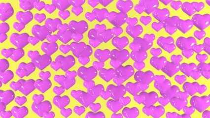 3D image. Festive yellow background with hearts. Lots of pink hearts on a yellow background. Valentine's Day greeting card. 3D rendering. 3D illustration.
