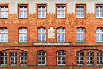 Fototapeta na wymiar Brick facade of the old post office building in Sopot, Poland