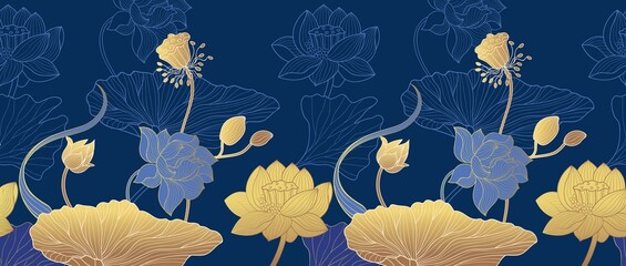 Panele Szklane  Line gold floral background. Art ornate plants, golden exotic asian flowers seamless pattern. Luxury leaf and lotus, blue oriental stylish nowaday vector banner