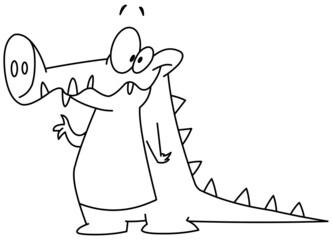Outlined Smiling crocodile alligator waving with his hand. Vector line art illustration coloring page. - obrazy, fototapety, plakaty