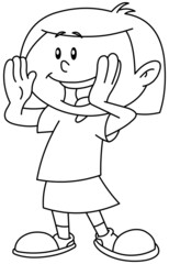 Outlined young girl calling someone circling her hands around her mouth, Vector line art illustration coloring page.