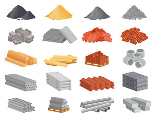 Cartoon construction building materials. Piles of sand, cement and stones. Red brick stacks, wooden planks and metal roof elements for house building industry and renovation vector set - obrazy, fototapety, plakaty