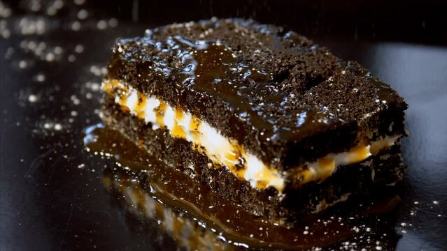 An Indian chef dusting powdered sugar over delicious chocolate cake. Mouthwatering cream-filled pastry on display - confectionery  tasty food  icing sugar