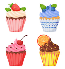 Cartoon cupcakes with different taste. Vanilla and chocolate muffins with different topping as strawberry, blueberry, cherry and orange decor. Yummy pastry food for party celebration vector set