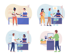 Buying groceries in shop 2D vector isolated illustration set. Customers and cashier flat characters on cartoon background. Selling product in supermarket colourful scene collection