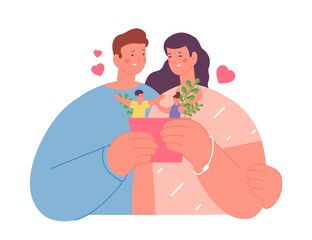 Happy parents hold flower pot with tiny joyful children. Parenthood, caring about family and kids. Love and protection, development vector concept