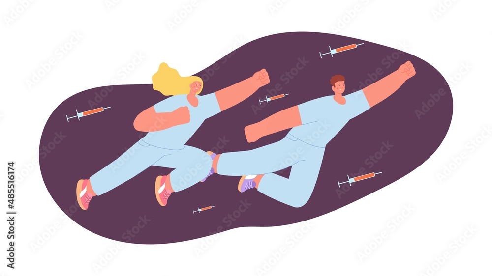 Sticker medical team flying with syringes. cartoon flat doctors or nurses, hospital professionals in uniform