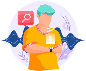 Voice assistant software agent perform tasks for user. Speaker recognition, vote controlled smart speaker. Man voice activated digital assistants, identification. Virtual assistant, sound robot