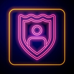 Fototapeta na wymiar Glowing neon Life insurance with shield icon isolated on black background. Security, safety, protection, protect concept. Vector