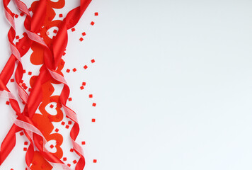 Background wit red ribbon and bright hearts for Valentine day decoration	