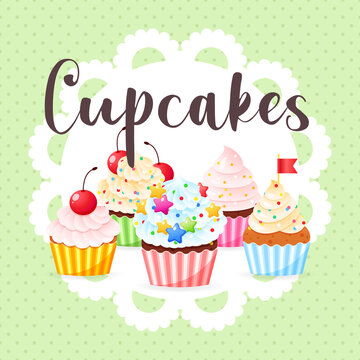 Cupcakes dessert illustration in cartoon style. Five sweet muffins decorated with cream, cherries and sprinkles on a light green dotted background. Vector 10 EPS.