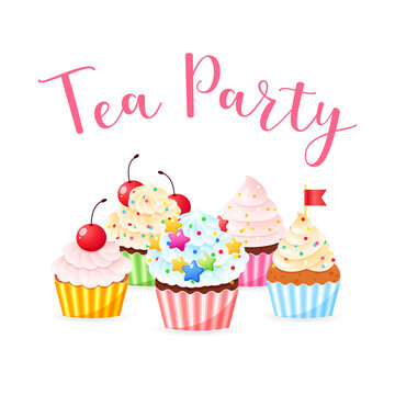 Tea party invitation template. Illustration of cupcakes decorated with cream, cherries and sprinkles isolated on a white background. Vector 10 EPS.