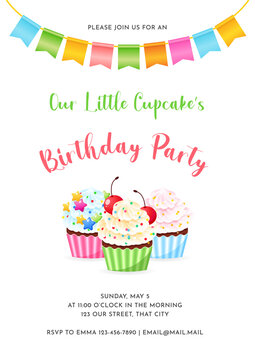 Birthday invitation card template for children party. Our Little Cupcake's Birthday Party. Cute illustration of three cupcakes decorated with sprinkles and bunting flags. Vector 10 EPS.