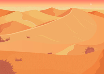 Fototapeta na wymiar Desert sunset flat color vector illustration. Dryland system. Extremely dry environment. Tropical place for vacation 2D simple cartoon landscape with sparse vegetation on background