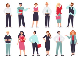 Fototapeta premium Business people characters. Businessman and managers, group of adult commercial office women and men. Corporate team talk smartphones, decent vector set