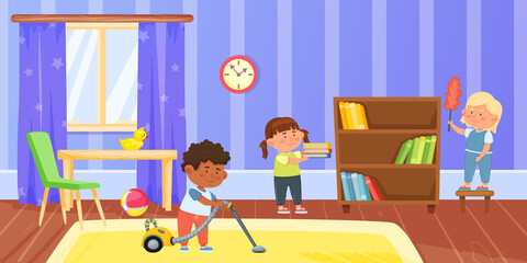 Cartoon kids doing housework in living room. Boy vacuuming carpet with hoover. Girl dusting book shelf. Children doing household chores. Kids doing daily routine and helping parents vector