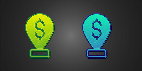Green and blue Cash location pin icon isolated on black background. Pointer and dollar symbol. Money location. Business and investment concept. Vector