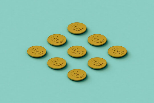 Three dimensional render of Bitcoins flat laid against turquoise background