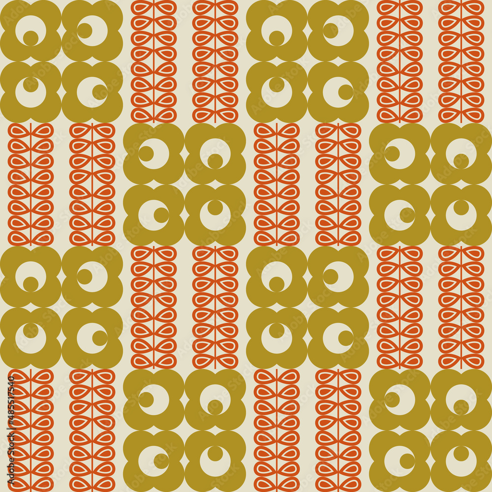 Poster Modern vector abstract  geometric background with stylized flowers, leaves and stems  in retro scandinavian style. Pastel colored simple shapes graphic seamless pattern.