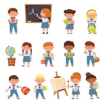 Cartoon school children in uniform. Female and male pupils doing educational activities. Girl writing on blackboard with chalk, drawing on easel, learning globe isolated vector set