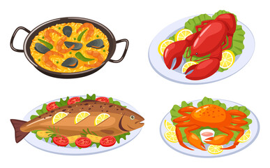 Cartoon seafood dishes. Lobster, crab, baked fish and paella with shrimps, mussels. Delicious food for restaurant or cafe menu. Crayfish with lemon slices vector set. Healthy luxury dish
