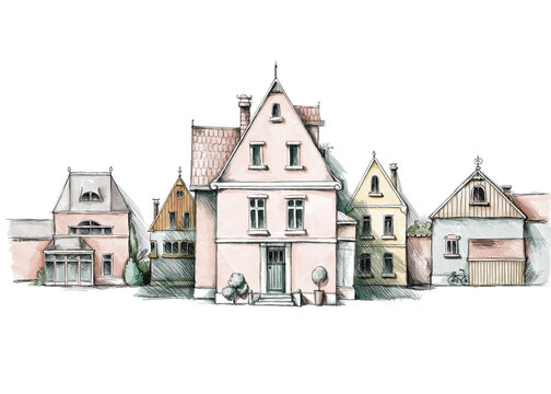 Hübsche Stadtvilla als Skizze mit Häusern im Hintergrund