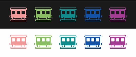 Obraz na płótnie Canvas Set Passenger train cars icon isolated on black and white background. Railway carriage. Vector