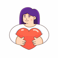 Girl hugs heart. Love day sticker. Heart shape. Valentines day vector Illustration - 485518722