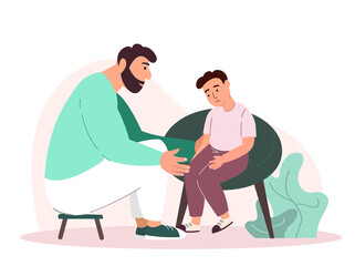 Parent Daddy Support his Child,Boy,Father Comforting Upset Kid.Sad Son,Anxious Emotion.Father and Son Sit,Warm Talks,Speak Share Problems.Parent Character Support Child.People Vector Illustration