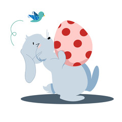 little gray easter bunny carrying an easter egg