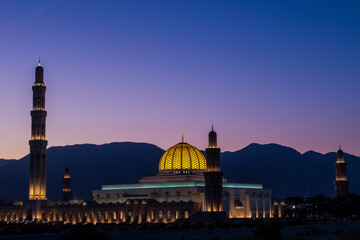 Muscat,Oman - March 05,2019 : Night view on Sultan Qaboos grand mosque in Muscat.
