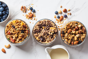Different types of homemade granola (fruit, nut and chocolate) in jars on white kitchen table. Breakfast food concept.